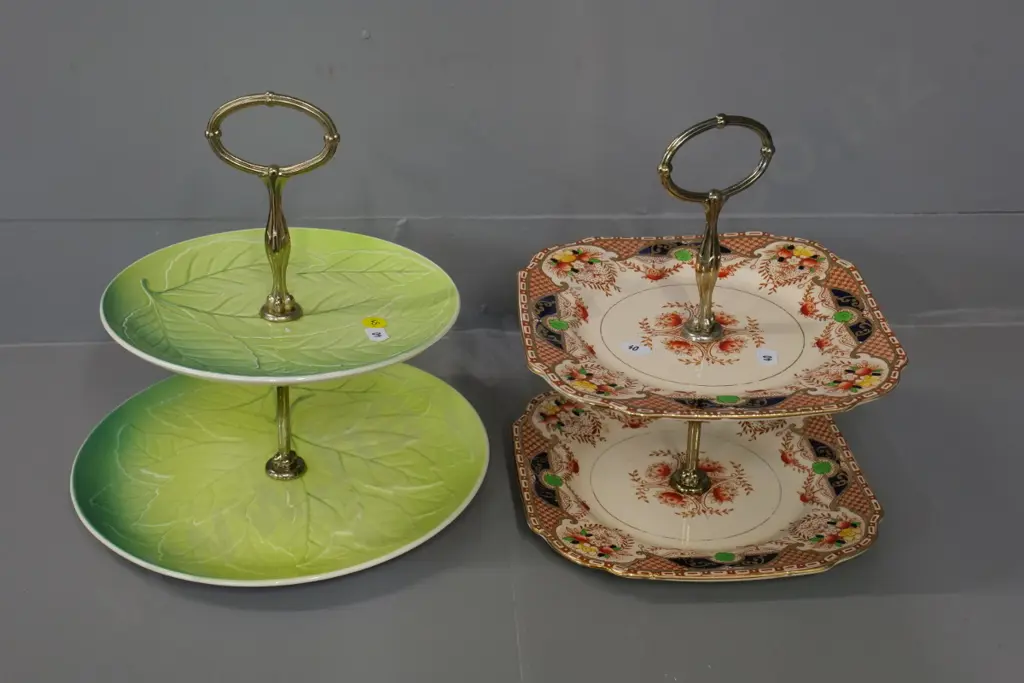 two 2-tier cake stands - Burgess Brothers & Royal Winton leaf pattern H-250 D-250 Image 1++