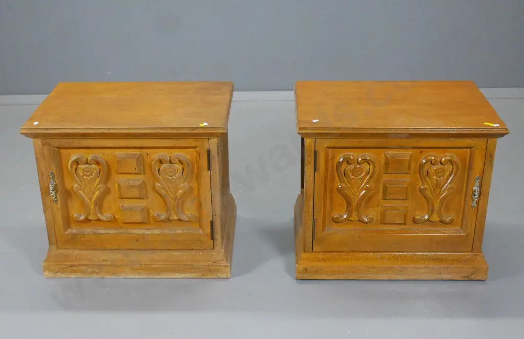 pair of solid timber bedside cabinets w/ brass handles, single carved panel door, some fading, splitting H490 W570 D420 Image 1++