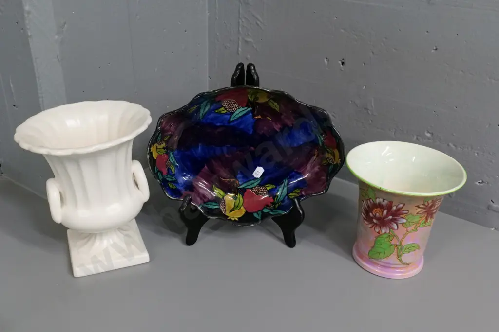 Royal Doulton chrysanthemum vase, Hancock & Sons Pomegranate bowl, and an English urn vase, unknown mark H-200 Image 1++