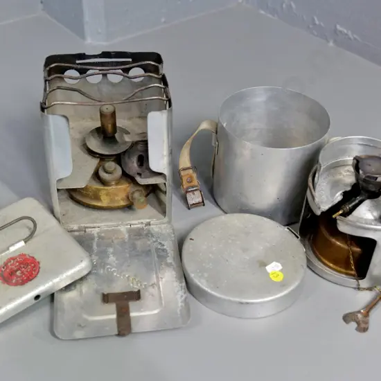 2 vintage aluminium camping stoves - Monitor British Made H180 W130 D130 & Primus Sweden