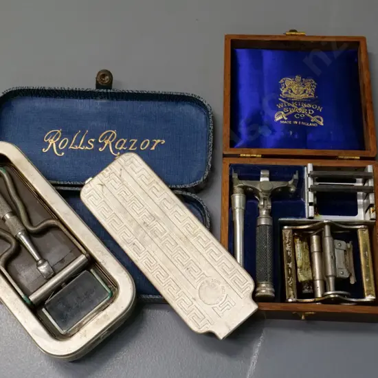 2 vintage razor sets - wood-cased Wilkinson Sword w/spare blades & sharpener and cased Rolls set