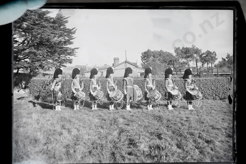 EA Philips studio? 3 boxes glass plate negatives: pipe bands, Selwyn College, Waitaki Old Boys, St Hilda etc. Image 1++