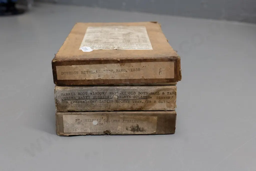 EA Philips studio? 3 boxes glass plate negatives: pipe bands, Selwyn College, Waitaki Old Boys, St Hilda etc. Image 1++