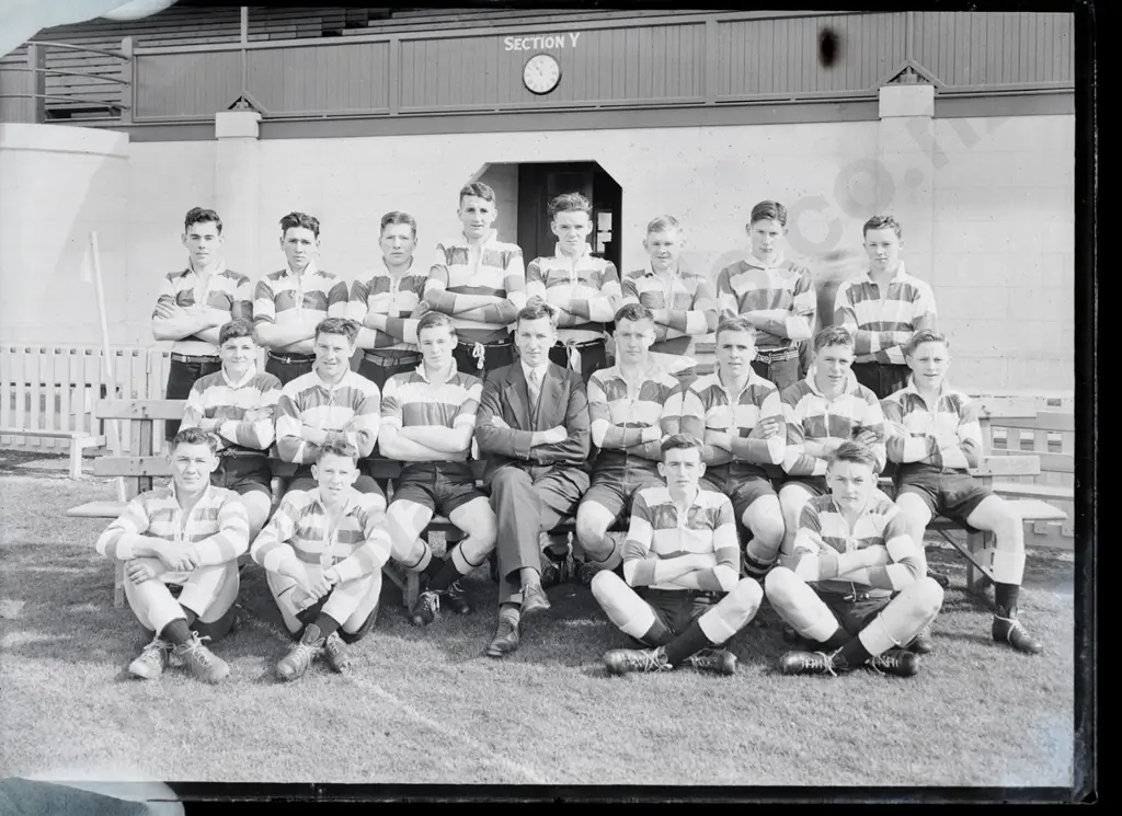 EA Philips studio? 3 boxes glass plate negatives: pipe bands, Selwyn College, Waitaki Old Boys, St Hilda etc. Image 1++