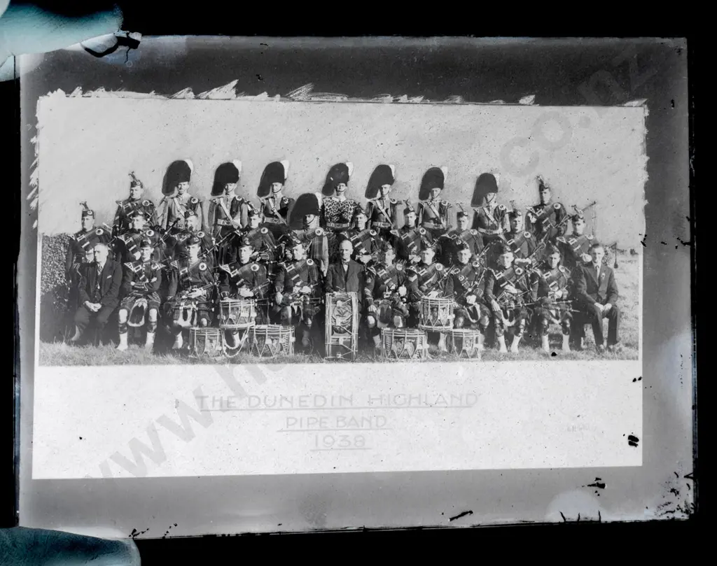 EA Philips studio? 3 boxes glass plate negatives: pipe bands, Selwyn College, Waitaki Old Boys, St Hilda etc. Image 1++