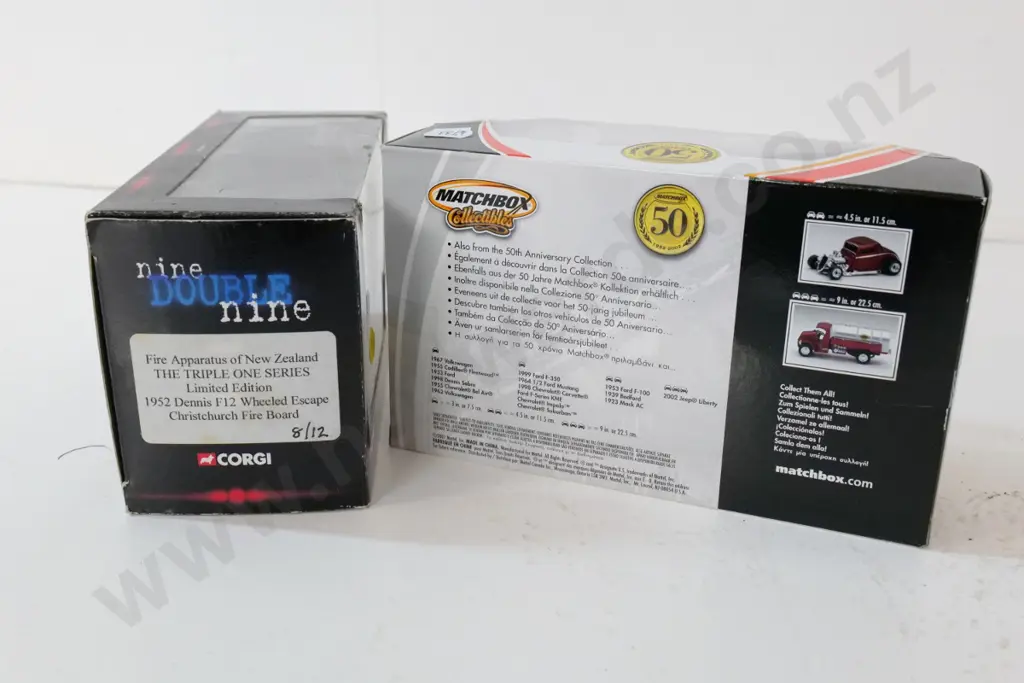 2 boxed die-cast model vehicles - Corgi 1952 Christchurch Fire Board NZ limited ed. and Matchbox 50th Mac tanker 1923 Image 1++