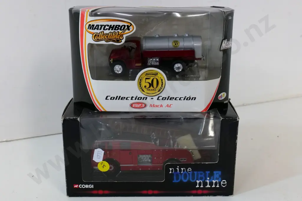 2 boxed die-cast model vehicles - Corgi 1952 Christchurch Fire Board NZ limited ed. and Matchbox 50th Mac tanker 1923 Image 1++
