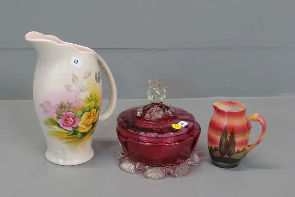 Crown Devon rose pattern jug H90, Royal Bayreuth small jug, & cranberry & clear glass lidded pot, small chip to detail Image 1++