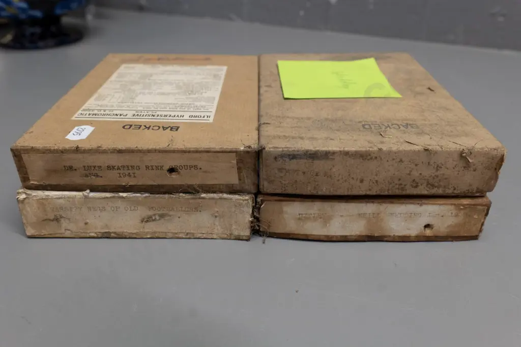 EA Philips studio? 3 boxes glass plate negatives - 1941 Skating groups, 1939 wedding, groups, portraits & box of blanks Image 1++