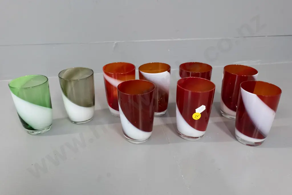 9 art glass swirl pattern drinking glasses - 7 red and white, 1 smoked grey, 1 green - H-100 Image 1++