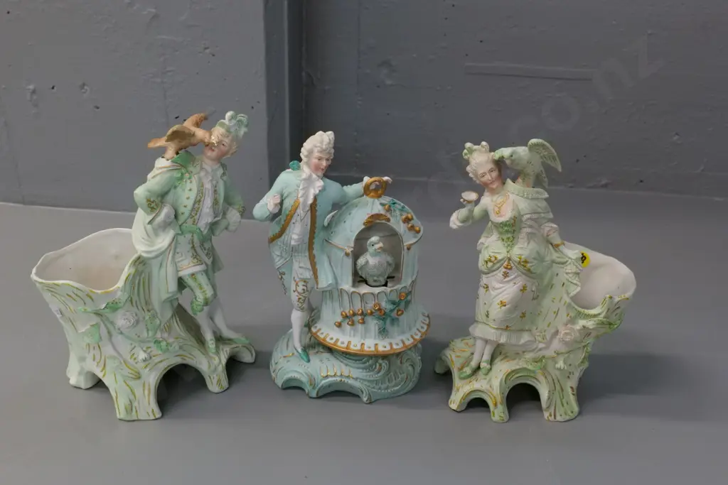 3 ornate Regency style continental bisque figural vases with bobbing bird figures - some chips to one, tallest is H-240 Image 1++