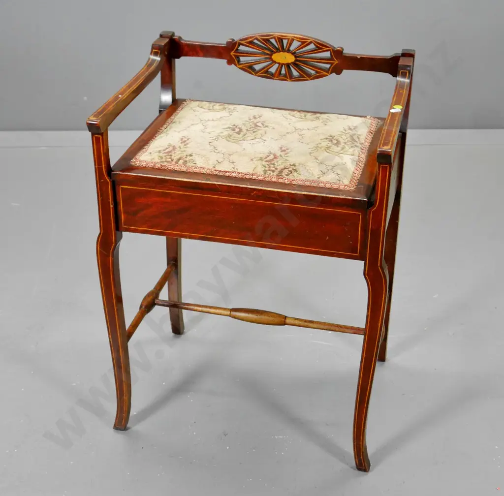 vintage Empire style single piano stool with fretted & marquetry rail - fading to tapestry H-670 W-470 D-370 Image 1++
