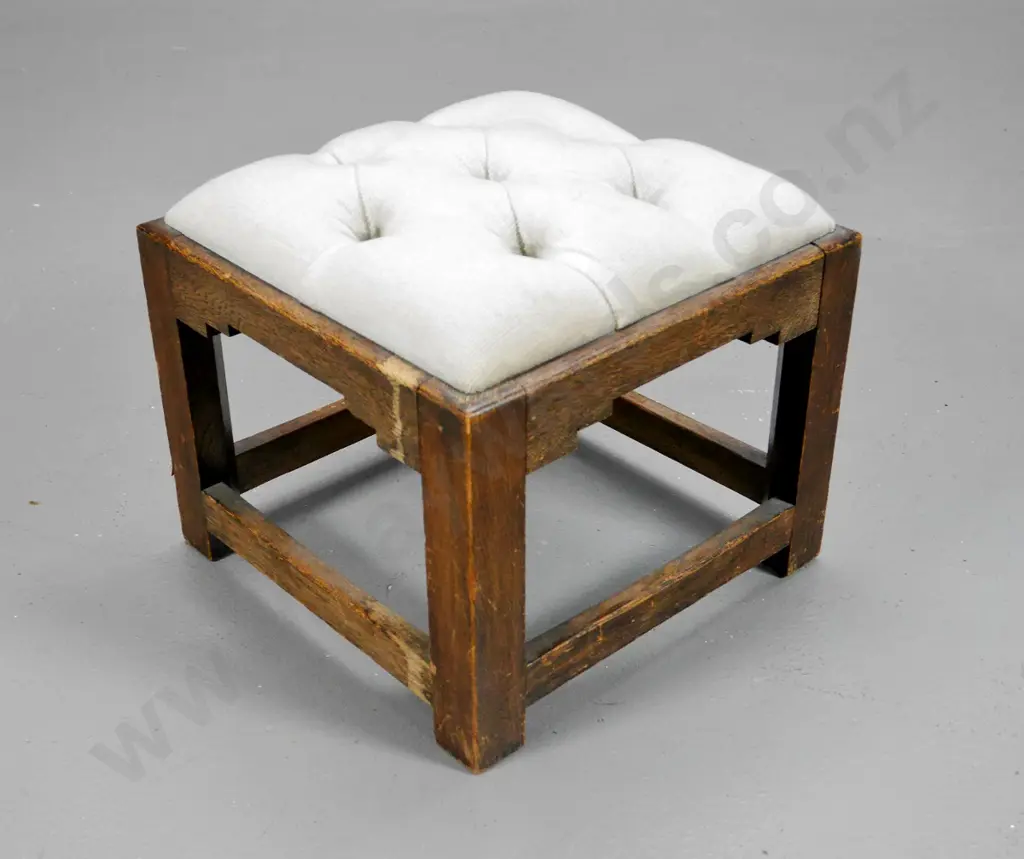 oak framed small button-top foot-stool in cream velvet - polish needs work H-270 W-300 D-300 Image 1++