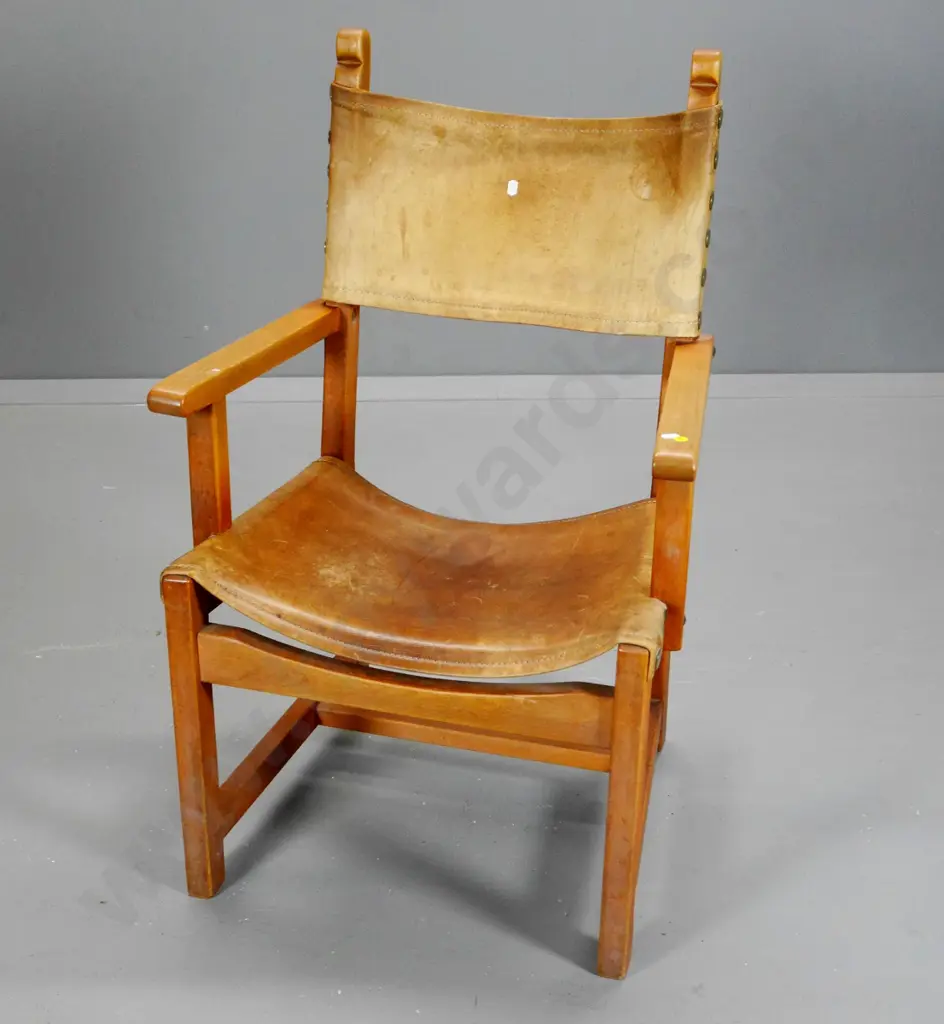 solid timber framed occasional chair with slung leather seat and back - age wear to leather H-900 W-560 D-480 Image 1++