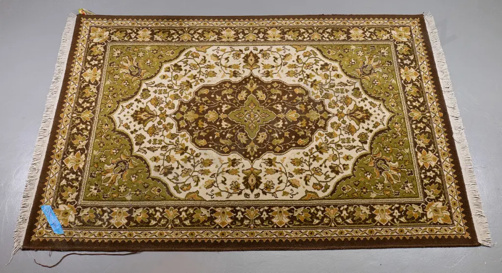 woven wool Persian style floor rug - olive green, brown and gold - some fraying L-2100 W-1370 Image 1++