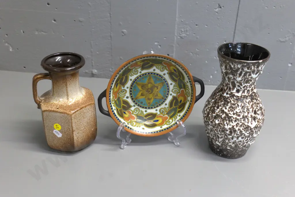 Gouda handled dish and 2 German pottery vases - taller is H-210 D-120 Image 1++