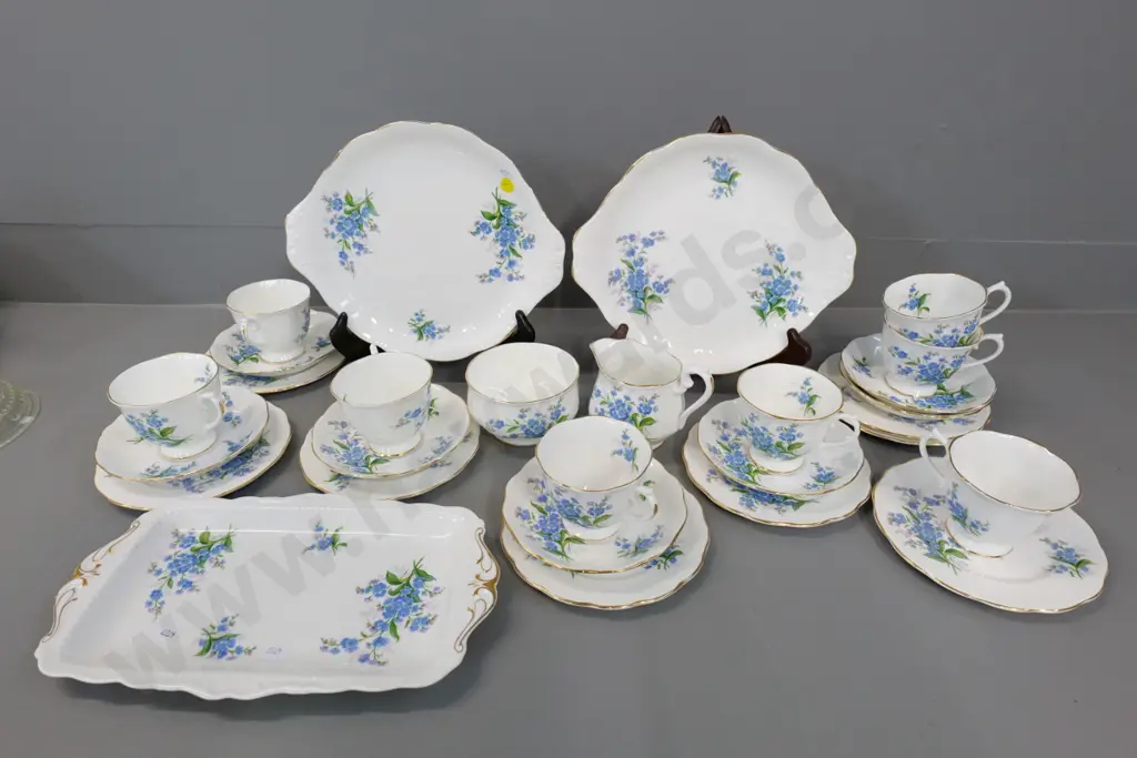 Royal Albert Forget-Me-Not tea set w/ 2 cake plates, sandwich tray, cream, sugar, 8 trios but missing one saucer Image 1++