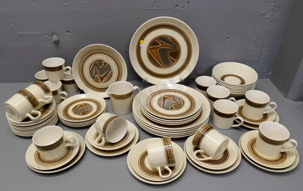 large collection of Crown Lynn 'Landscape' pattern Earthstone tableware - plates, tea & coffee cups & saucers, jug Image 1++