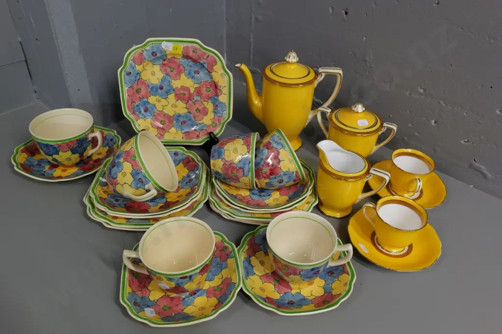 Adams Titian floral teaware w/2 breakfast trios, 4 cups. saucers, 3 plates. a few chips. and Noritake coffee-for-two set Image 1++