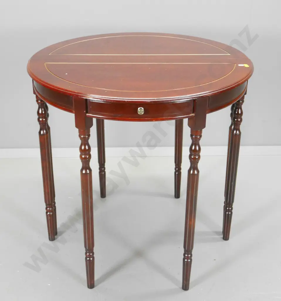 pair of reproduction mahogany half-round hall tables with 1 drawer, brass beaded insert, a bit wobbly H750 W750 D380 Image 1++
