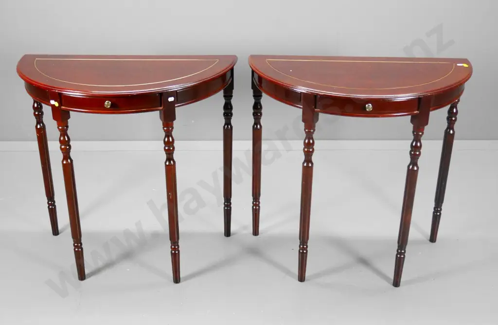 pair of reproduction mahogany half-round hall tables with 1 drawer, brass beaded insert, a bit wobbly H750 W750 D380 Image 1++