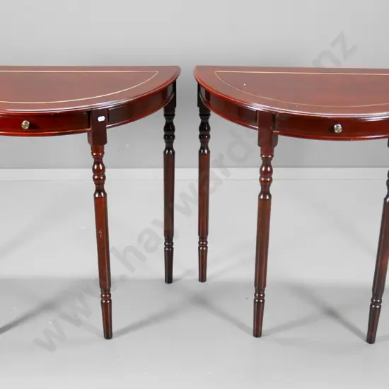 pair of reproduction mahogany half-round hall tables with 1 drawer, brass beaded insert, a bit wobbly H750 W750 D380