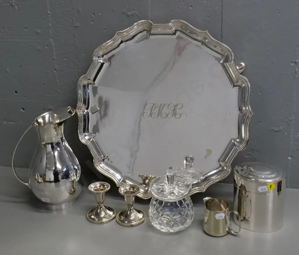 assorted silver plated items - 3-footed tray, water jug H-200, small jug, candlesticks etc - and a crystal pickle far Image 1++