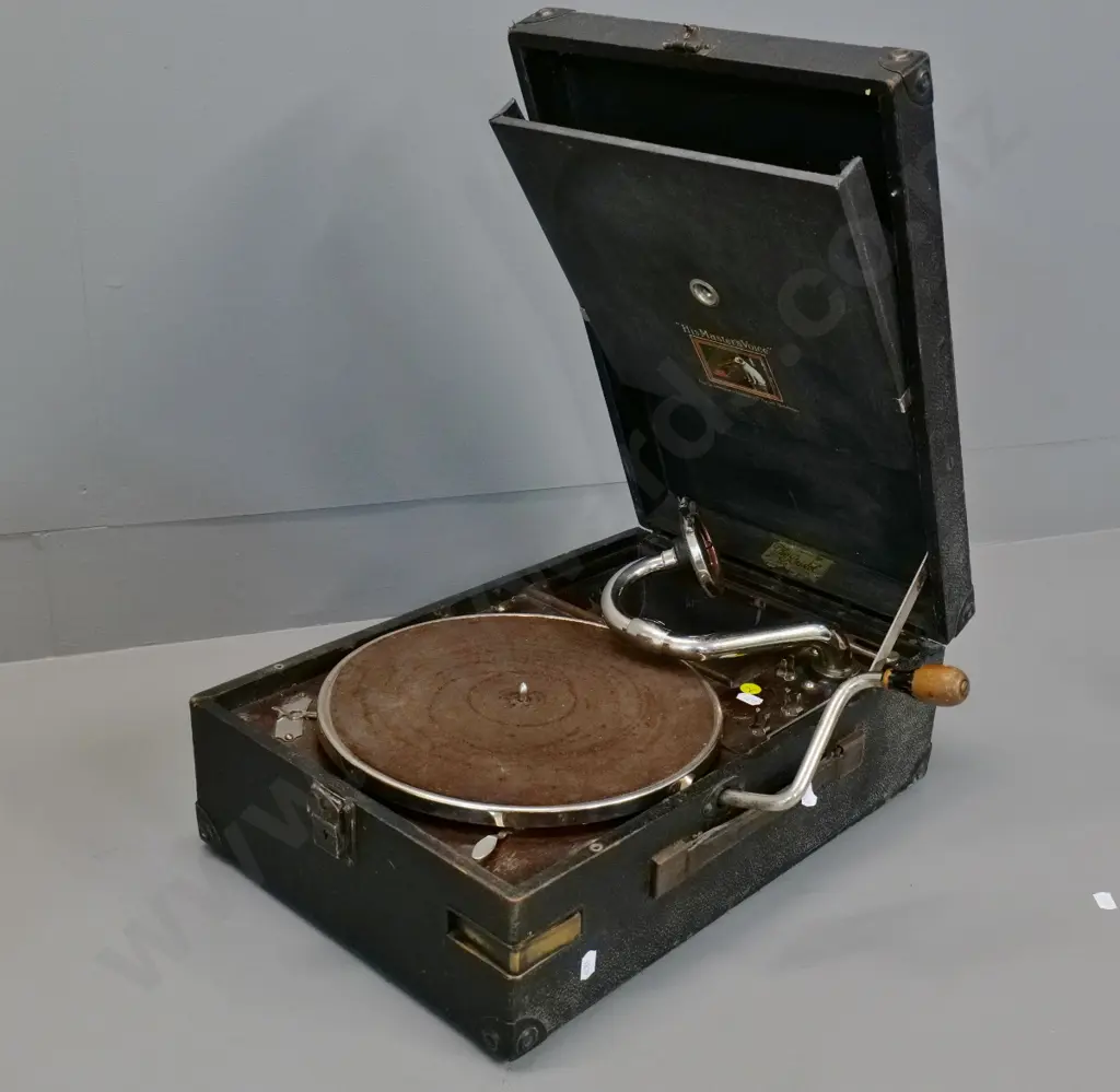 His Master's Voice portable wind-up gramophone with packet of needles - going condition Image 1++