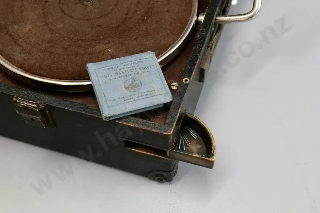 His Master's Voice portable wind-up gramophone with packet of needles - going condition Image 1++