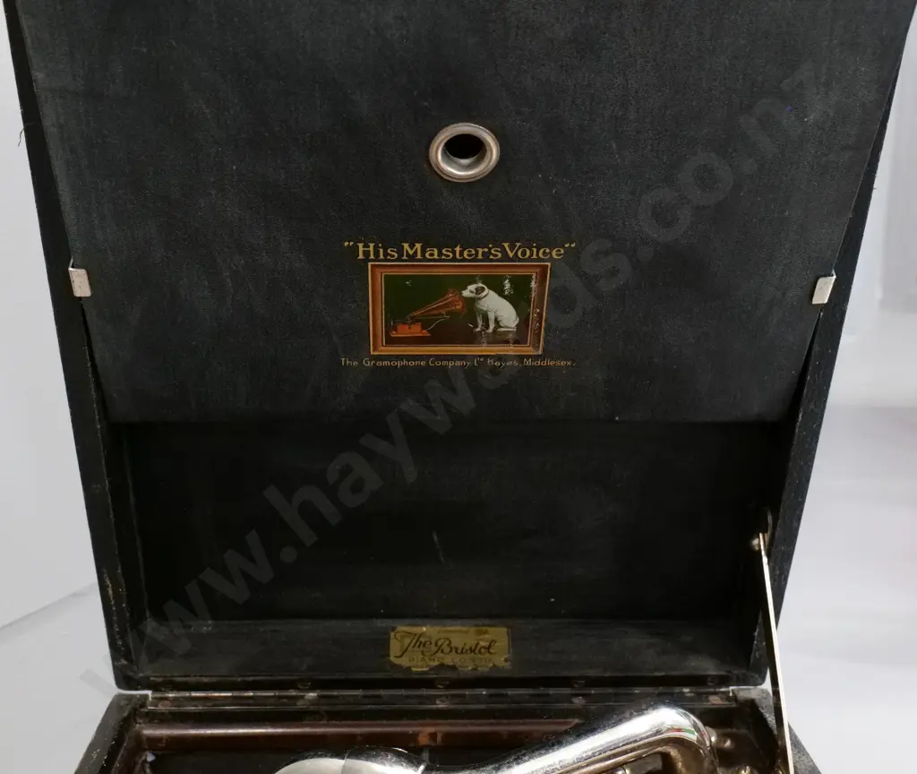 His Master's Voice portable wind-up gramophone with packet of needles - going condition Image 1++