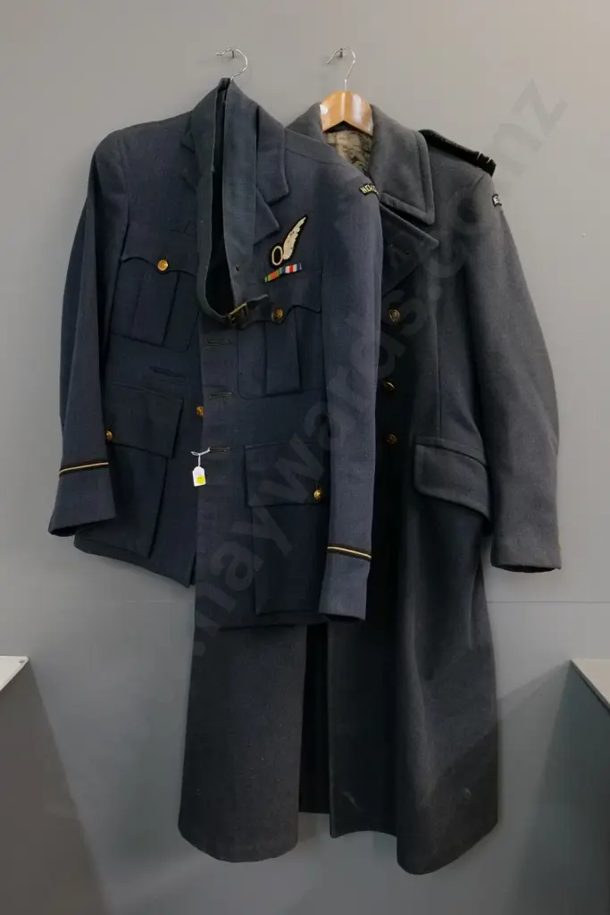 2 WWII RNZAF uniform items - jacket with belt and greatcoat, both need a clean Image 1++