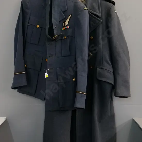 2 WWII RNZAF uniform items - jacket with belt and greatcoat, both need a clean