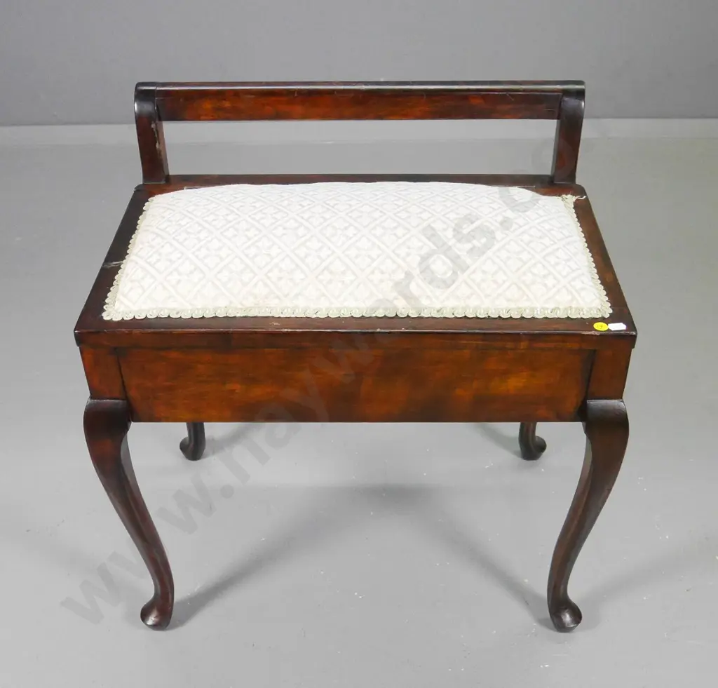 beech cab-leg damask upholstered lift-top piano stool w/low back rail H-600 W-560 D-370 Image 1++