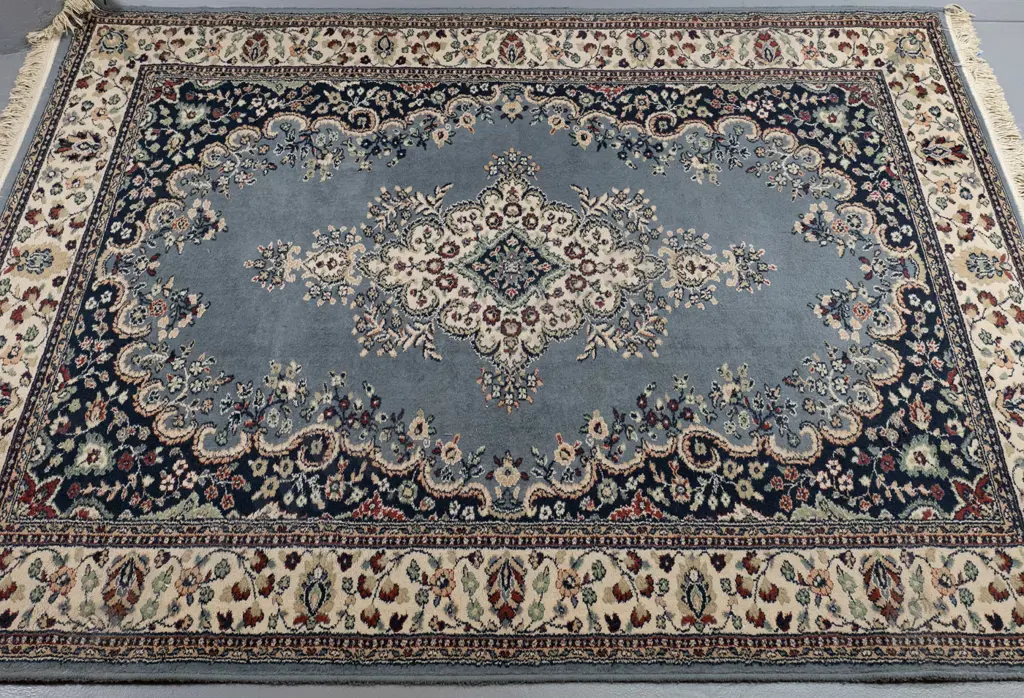 woven wool Persian style floor rug - pale blue, cream, black and red - some wear L-2380 W-1640 Image 1++