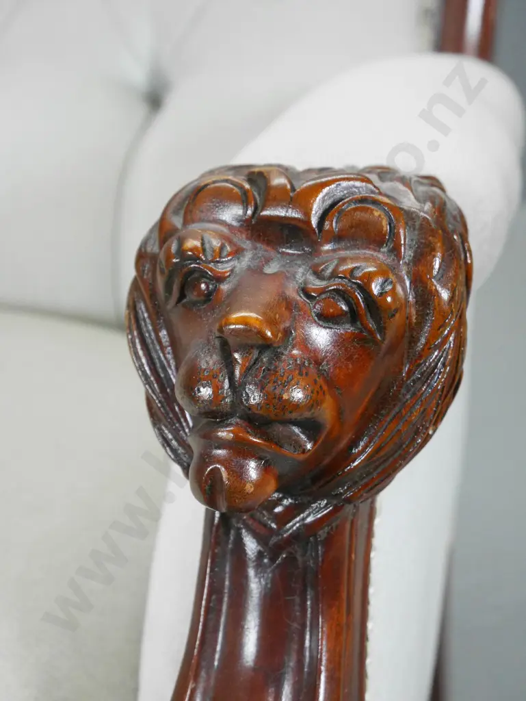 Victorian mahogany framed armchair w/deep-button back, unusual lions head arms small mark to seat. H950 W690 D770 Image 1++