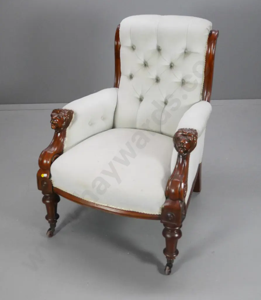 Victorian mahogany framed armchair w/deep-button back, unusual lions head arms small mark to seat. H950 W690 D770 Image 1++