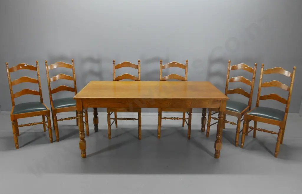 oak Shaker-style dining table & 6 ladderback chair, seats in green leather, some marks, some chairs wobbly L1670 W910 Image 1++