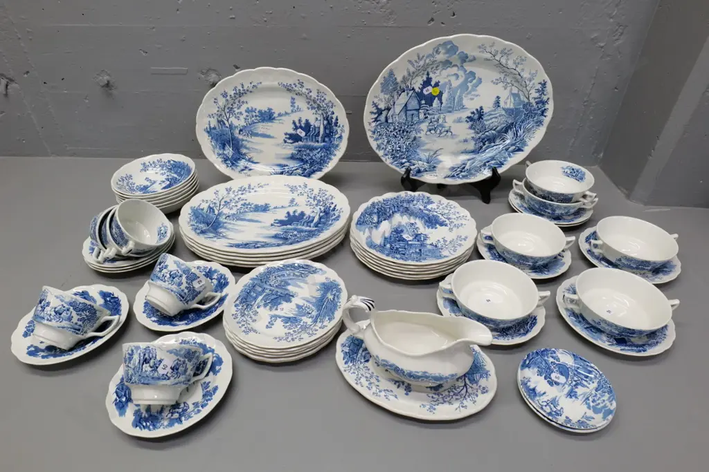 large collection of Ridgways Coaching Days blue & white tableware - 6 places w/ashett, oval dinner plates, soups, etc. Image 1++
