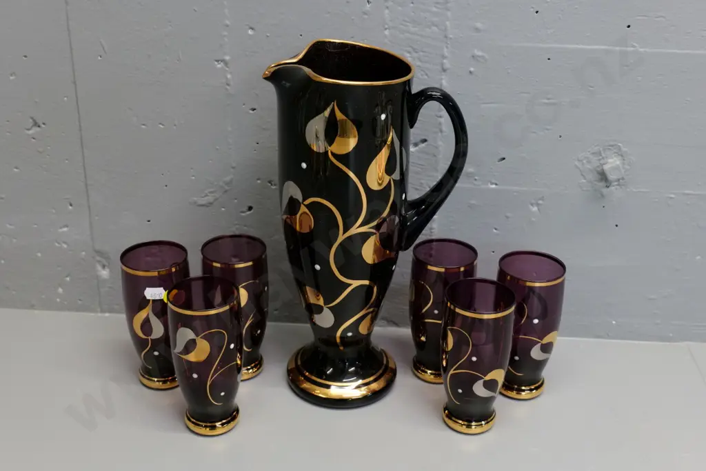 retro purple and gilt pattern Bohemian glass 7-piece water set - jug is H-320. As-new condition Image 1++