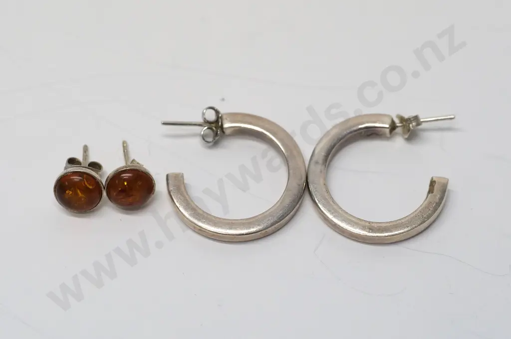 pair of silver hoop earrings & pair of amber stud earrings both stamped 925 Image 1++