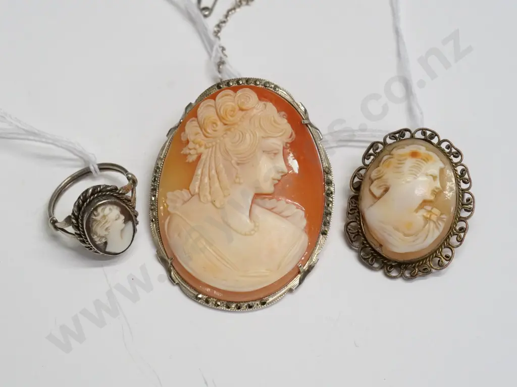 2 cameo brooches & cameo ring [no marks] Image 1++