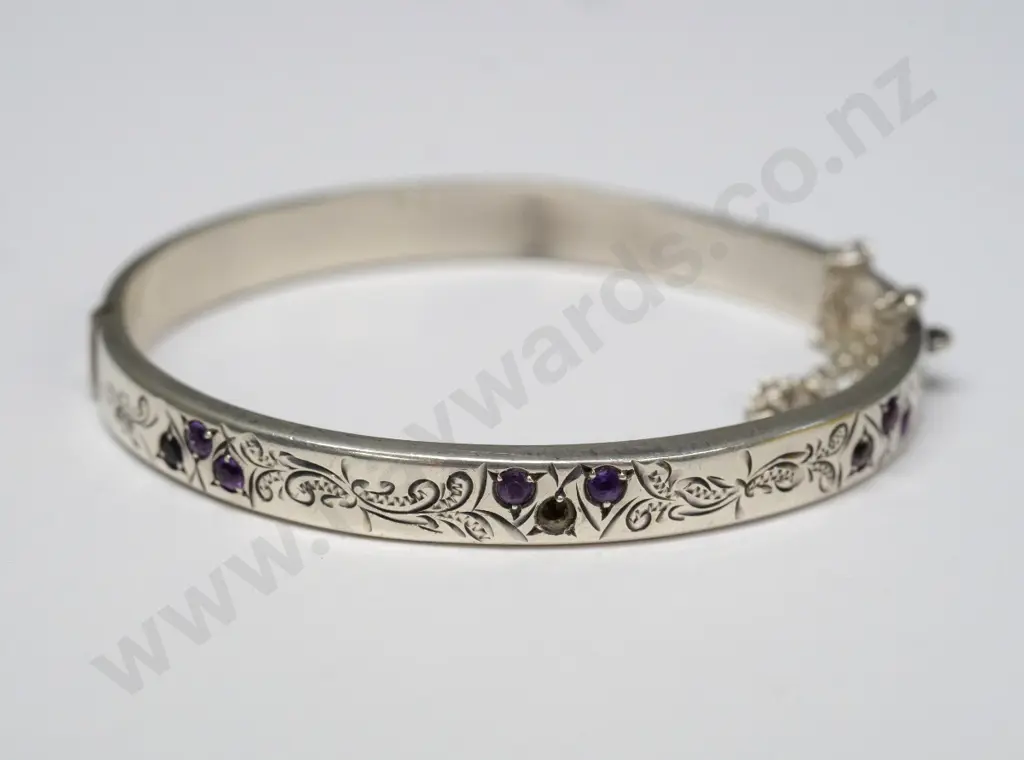 silver bangle with amethyst stones & safety chain stamped H7S stgsil made in NZ Image 1++