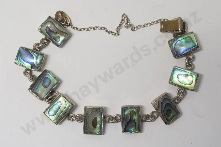paua shell silver bracelet with satety chain stamped silver Image 1++