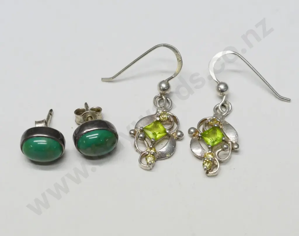 pair of peridot earrings stamped 925 & pair of turquoise earrings no mark Image 1++