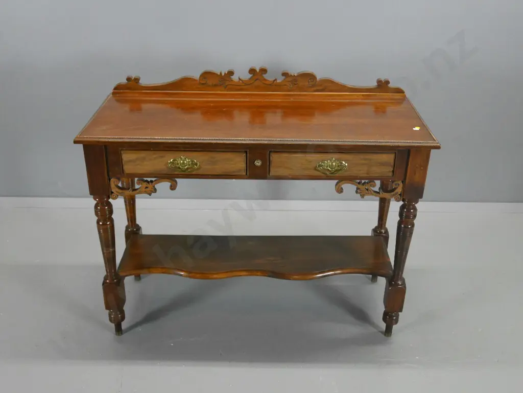 mixed timbers 2-drawer hall table with under-shelf, carved upstand and brackets, brass handles H860 W1050 D430 Image 1++