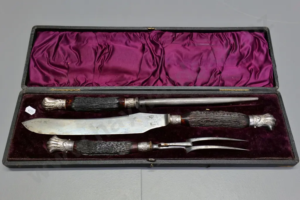 vintage Beardshaw Sheffield cased carving set with antler handles (sterling finials and collars?) Image 1++
