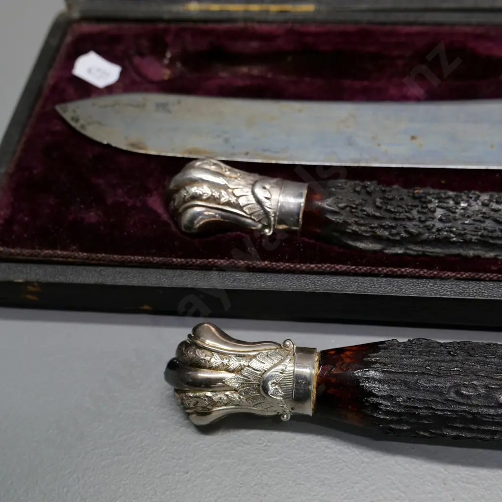 vintage Beardshaw Sheffield cased carving set with antler handles (sterling finials and collars?) Image 1++