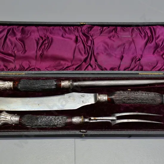 vintage Beardshaw Sheffield cased carving set with antler handles (sterling finials and collars?)