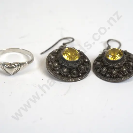 silver heart ring stamped 925 & pair of earrings stamped Siam sterling