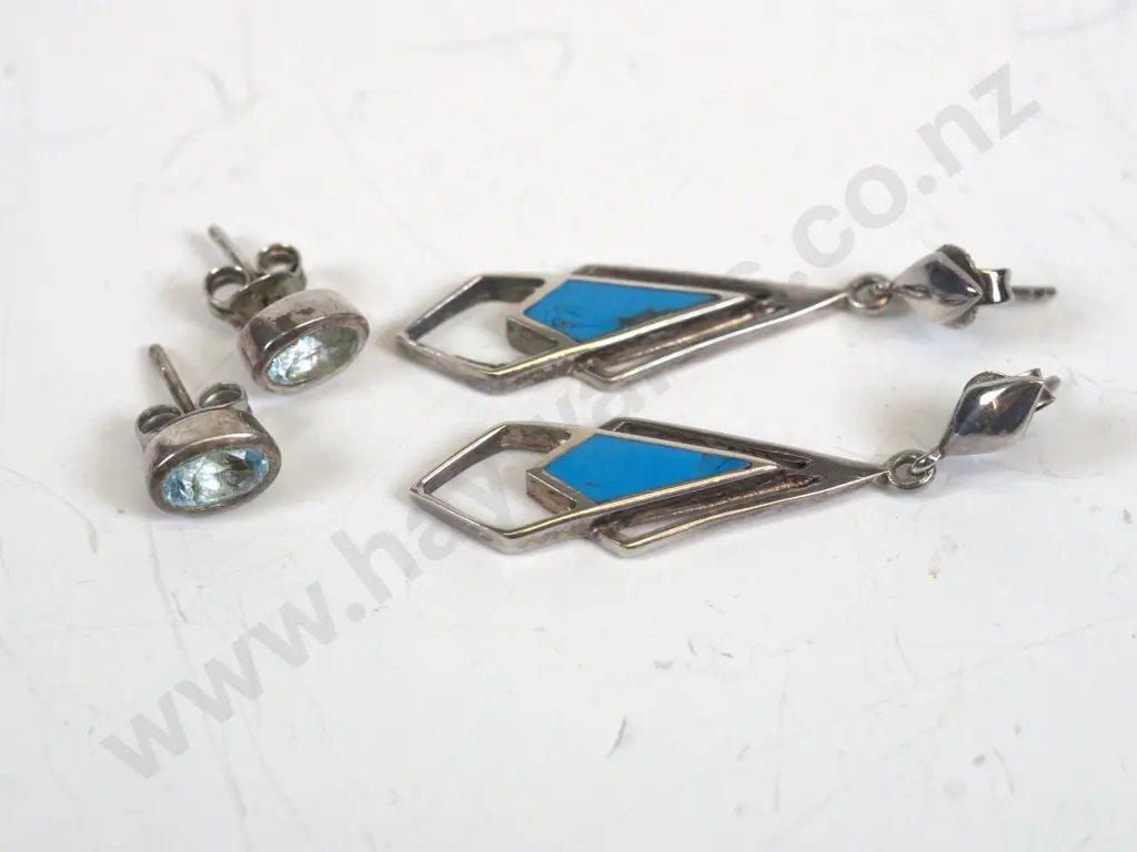 pair of aqamarine stud earrings & pair of turquoise earrings both stamped 925 Image 1++